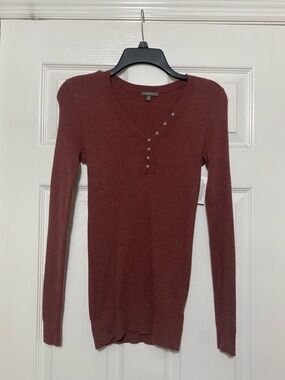 Ribbed V-Neck Henley Long Sleeve Top - Deep Purple